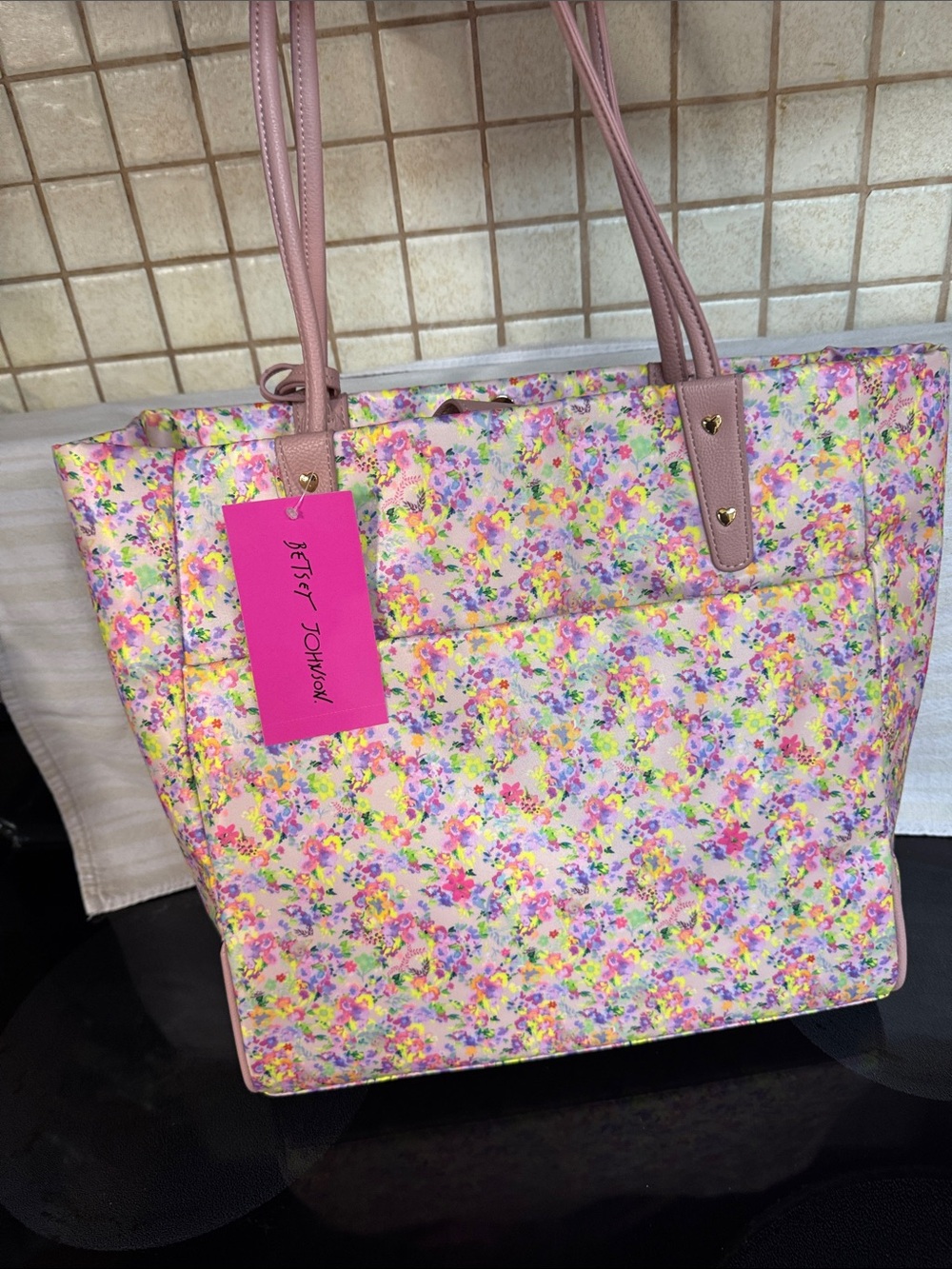 Betsey Johnson Pink Floral Print Tote with Leather Straps